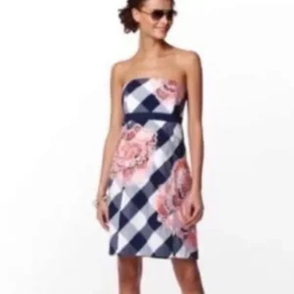 Lilly Pulitzer Strapless Navy, White & Pink Gingham Floral Dress